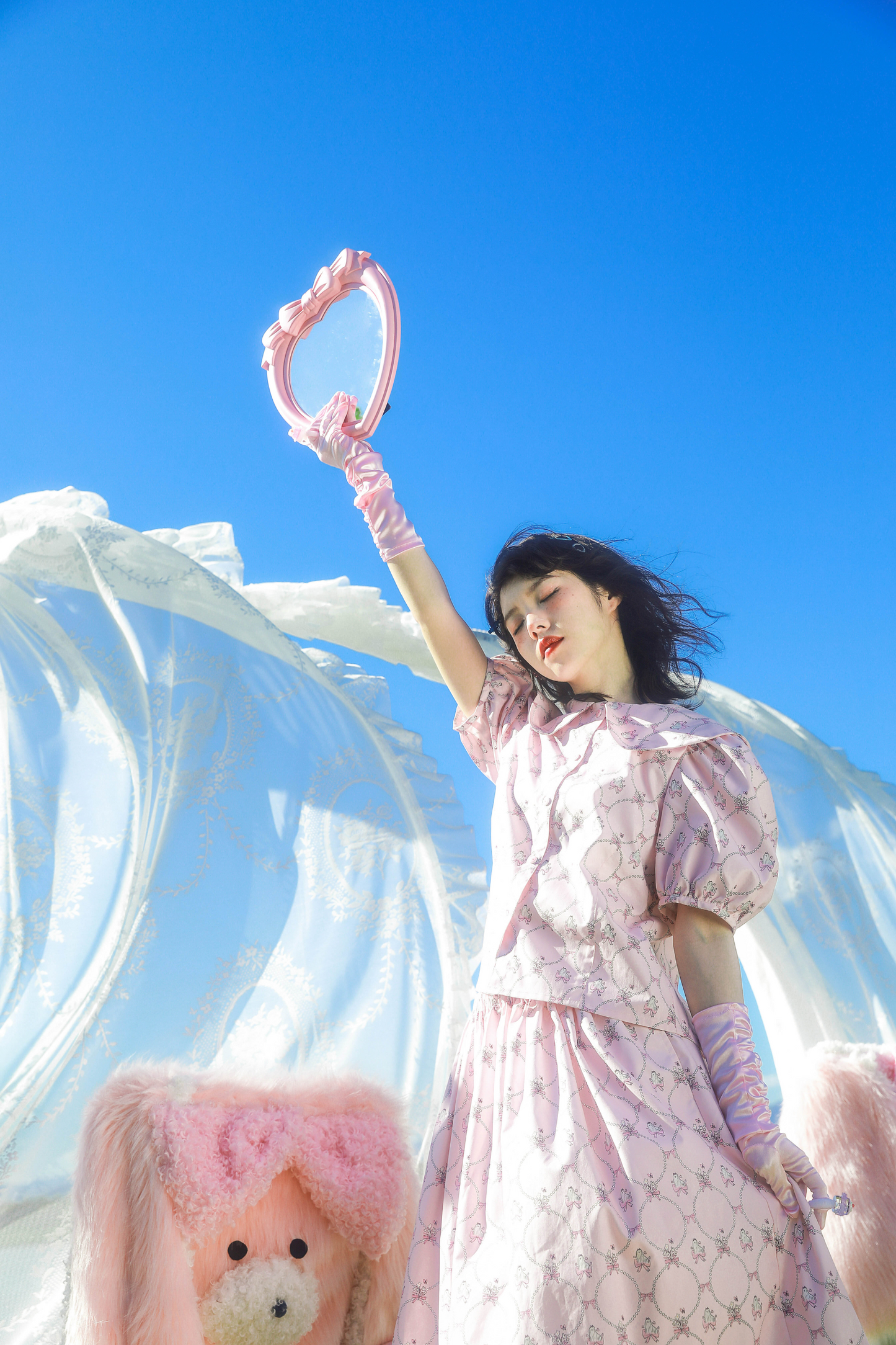 メッシュパールウェーブプリントピンクアニマルスカート