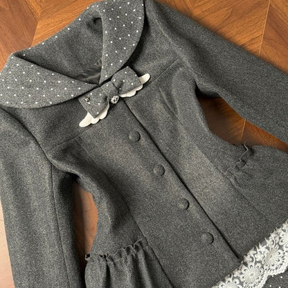 Gray Kei Polka Wool Coat Decor Bow Wing Dot Jirai Collar with