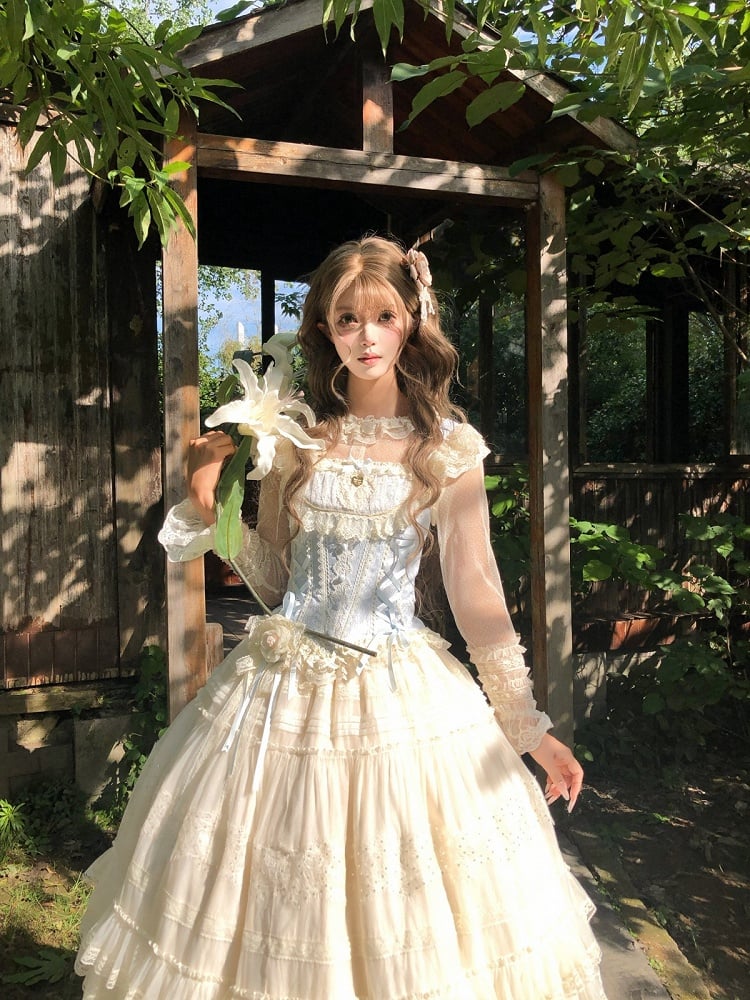 Princess Top & Skirt Set with Lace, Floral, Blue & White Sweet Lolita - Twilight Flower Letter