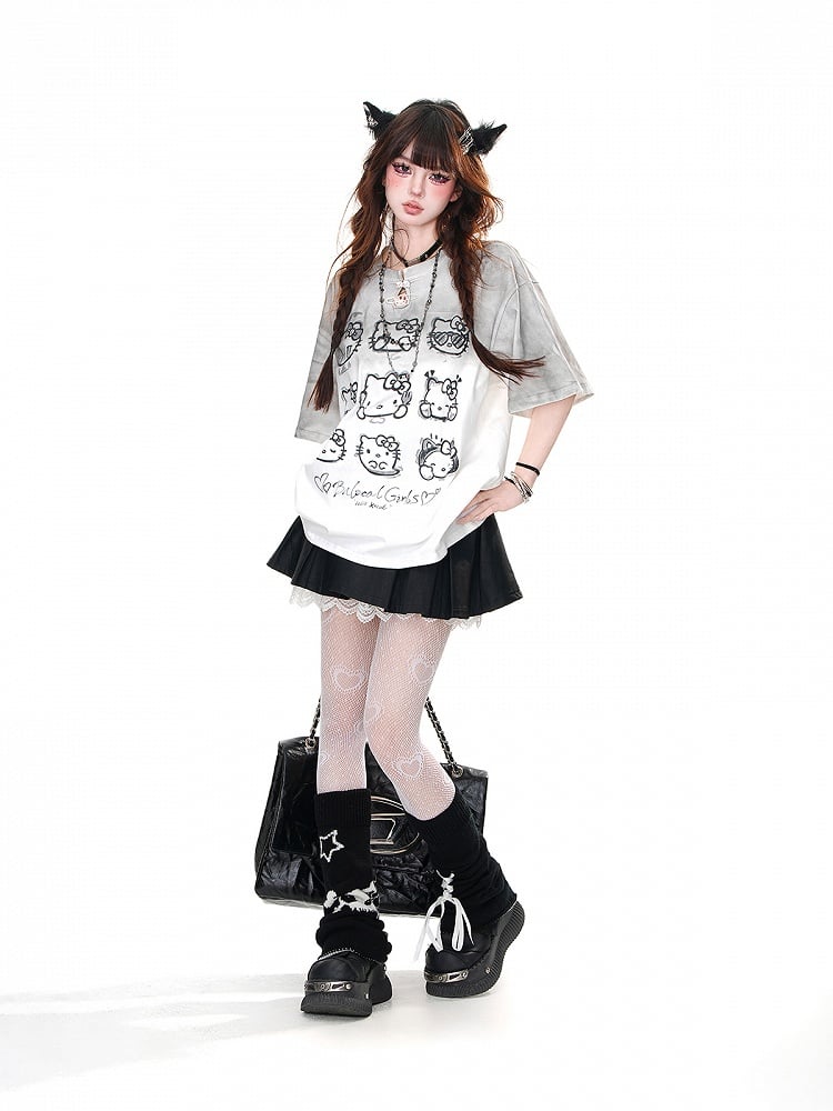 Gradient Gray Round Neck Kitty Loose T-Shirt
