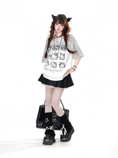 Gradient Gray Round Neck Kitty Loose T-Shirt