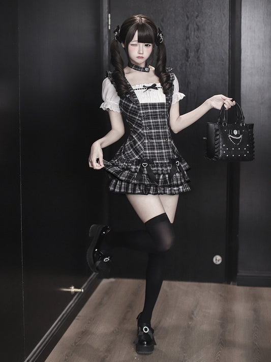 Black Plaid Square Neck Puff Sleeve Low-Waist Dress and Shorts Set - Ekomi