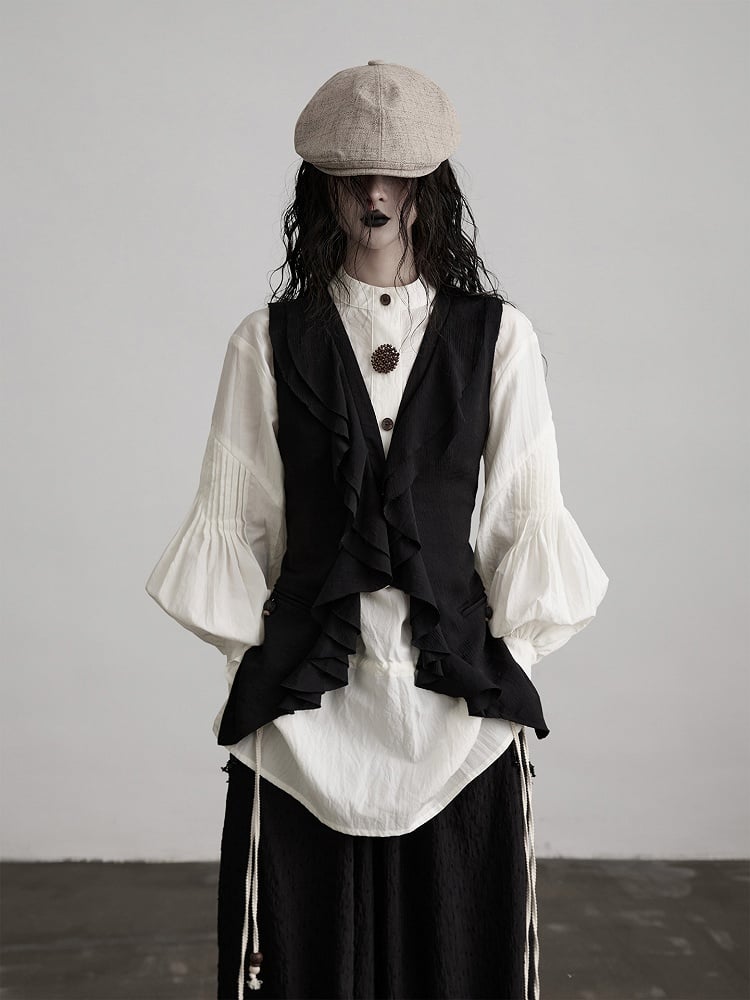 Ruffle Multi-Layer Sleeveless Black Paneled Vest Urban Goth