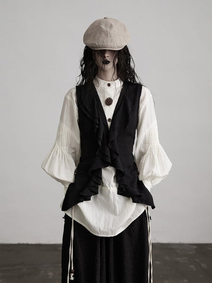 Ruffle Multi-Layer Sleeveless Black Paneled Vest Urban Goth