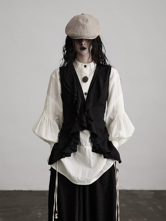 Ruffle Multi-Layer Sleeveless Black Paneled Vest Urban Goth