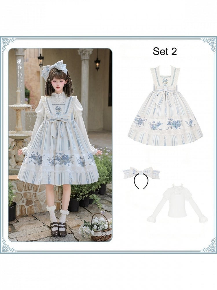 Blue & White Striped Floral Embroidered JSK Set with Knit Top, Belt & KC - With PUJI