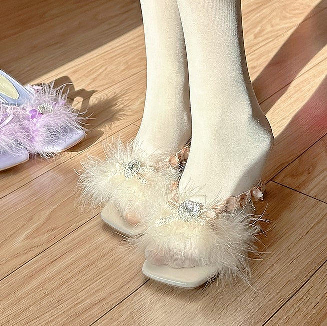 Accents Rhinestone Charm Sandals Sweet with Beige Plush Lolita