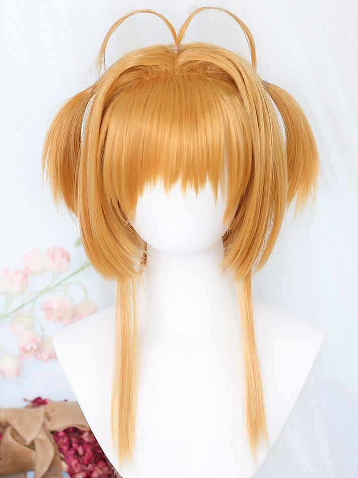 イエロー/ブラウンのポニーテール付きウィッグ 2本 40～45cm ショート