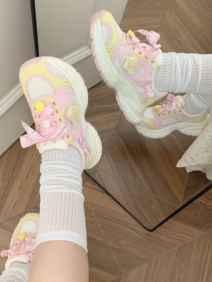 in Platform Pink Lolita Design Bow Plaid Lace-up Star Sweet Details Sneakers Yellow And