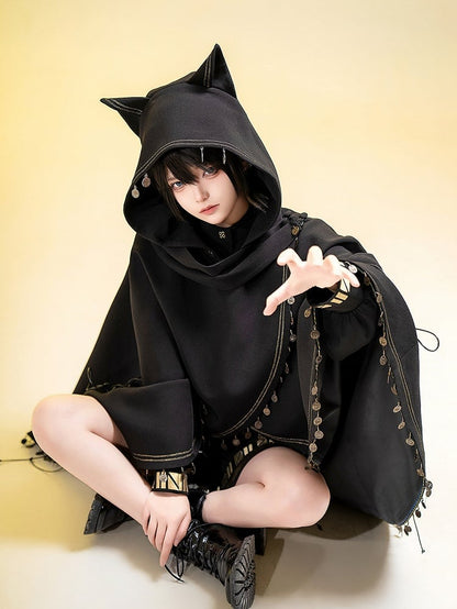 ファッションキャットハイロー耳裾（洗濯機洗い不可、ブラック王子）ケープフード付き