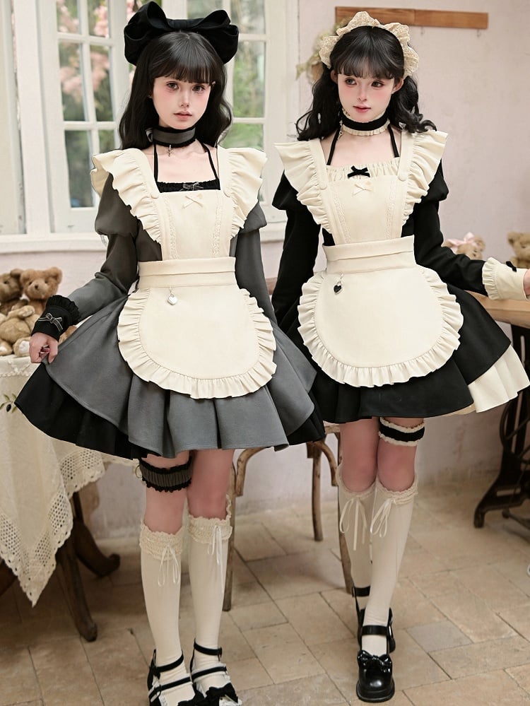 Flutter with Charm Heart Lolita Maid Sleeves Apron Beige Lock