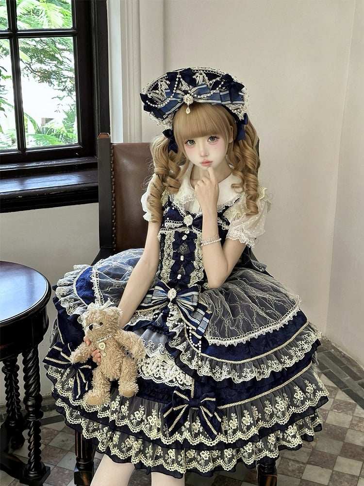 Neckline Chain Gorgeous Lolita Bow Dark Bead Princess Dress Blue