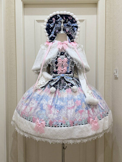 Pink Trim Bow Lolita Fur Dark Accents Hem Print Sweet Cat with and Dress Blue