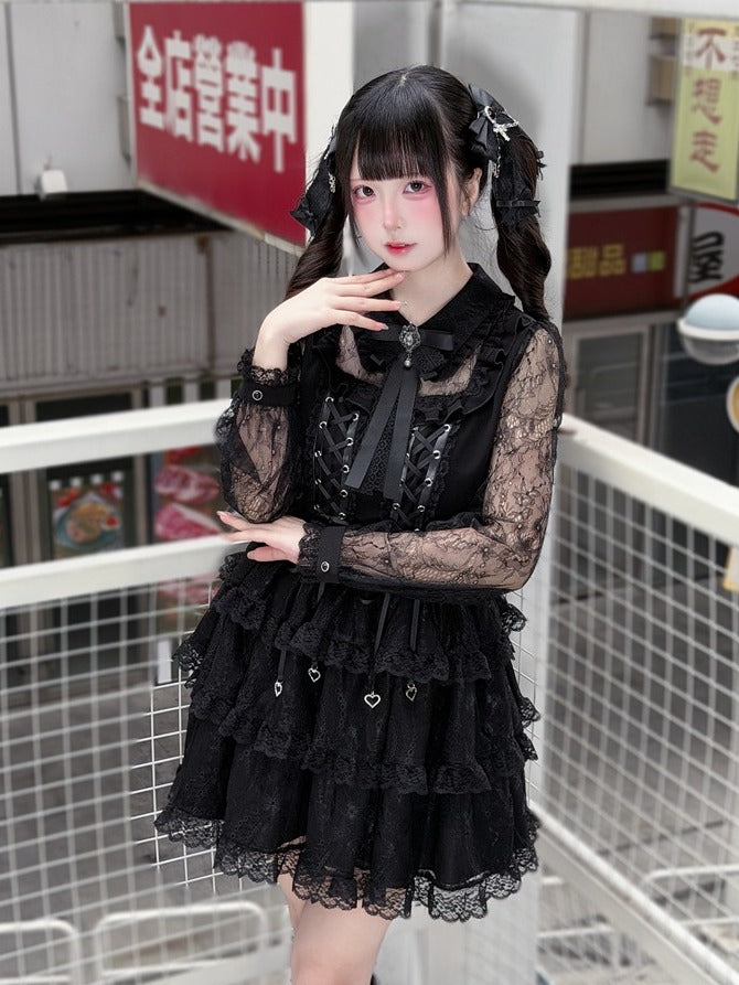Black Lace Tiered Ruffle Dress with Bow Accents - Puppet Bombs