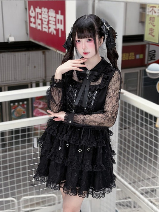 Black Lace Tiered Ruffle Dress with Bow Accents - Puppet Bombs