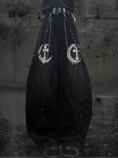 Punk Jeans Moon Detail Rock Wide-leg - with Eyelet Pattern Patch Design Distressed Cross Black