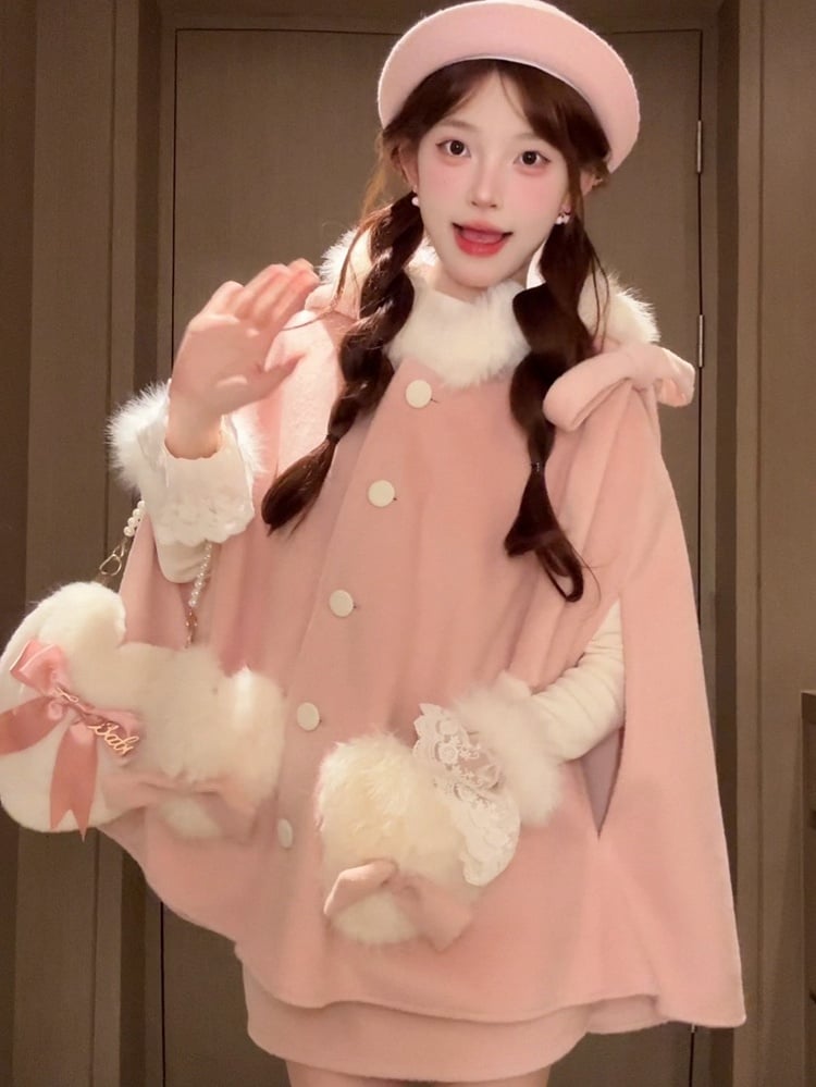 Plush Coat Winter Skirt Pink Sweet Set Lolita with Pockets Cape Heart-shaped +