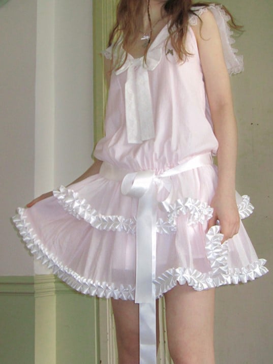 Dress with Bow and Ruffle Trim Waist Pink Tiered Sailor Collar Dropped