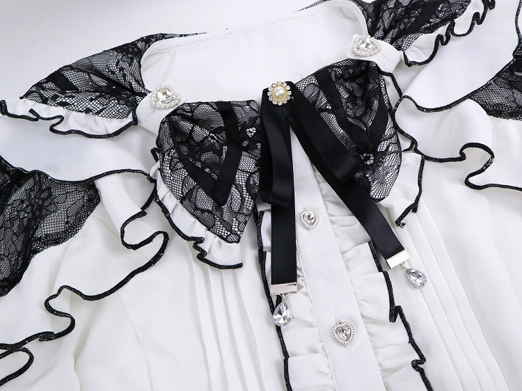 Jirai Kei Double Bow Collar White Blouse with Black Details Lace Shoulder Cutout