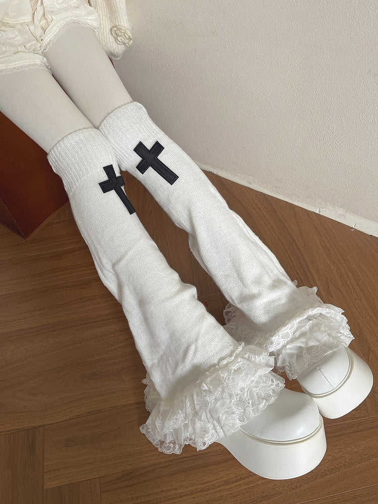 Knitted Lace Trim Leg Gothic Cross Flared Decoration Warmerswith White