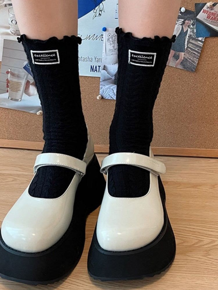 3 Socks Patch Cotton Cable with Ruffled Knit Colors Decoration