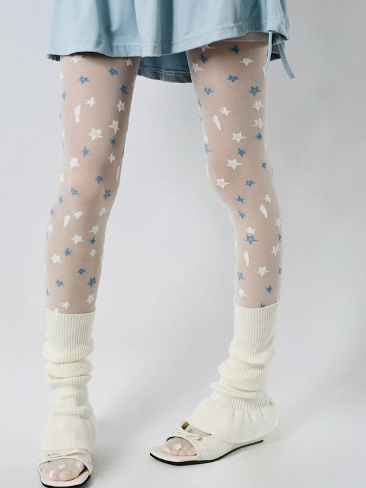 Tights Star with White White/Black Embroidery Blue Sheer