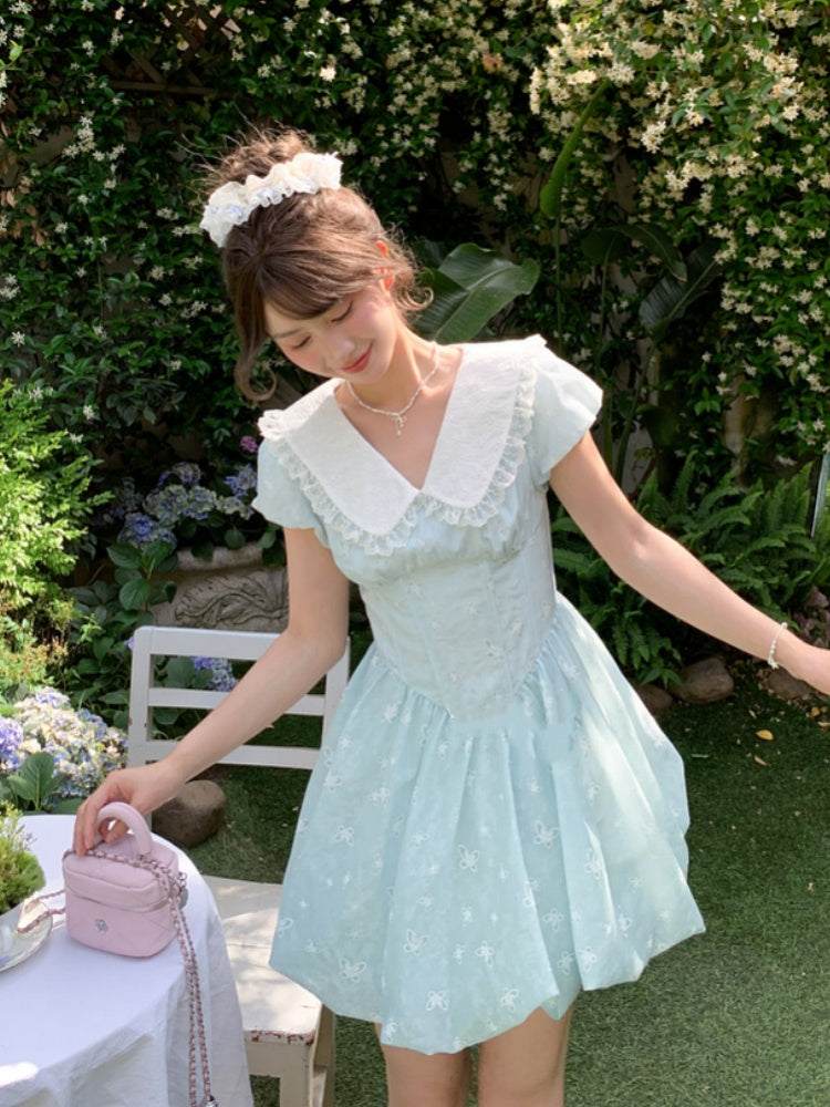 Bubble Blue Peter Pan Kragen Basken-Taille Allover Schmetterling Stickerei Rock Kleid