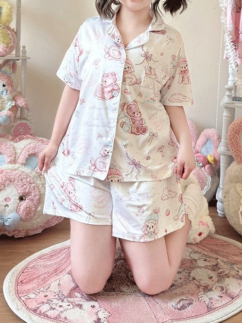 White Sweet Bear Print Short Sleeve Top and Shorts Sleep Set - Versatile girl