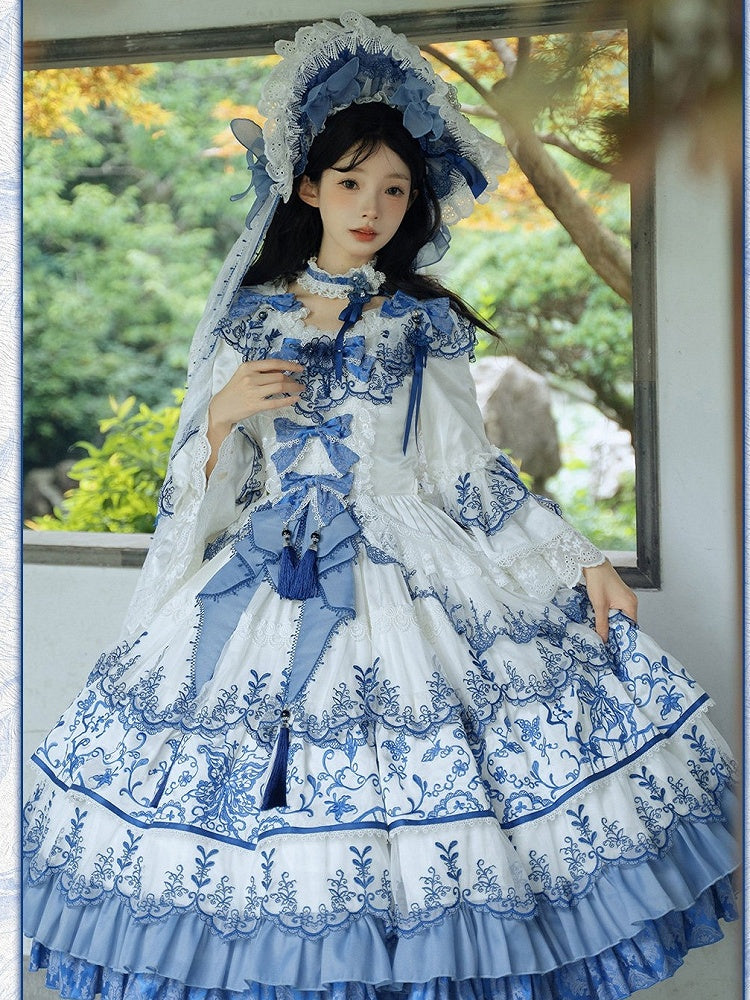Blue Floral Embroidered Lace Short Sleeve One-Piece - Bramble Rose