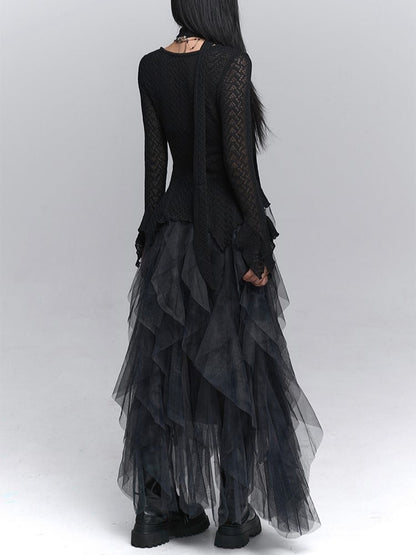 Skirt Asymmetrical Black  Tulle Cascading Gothic Ruffles with