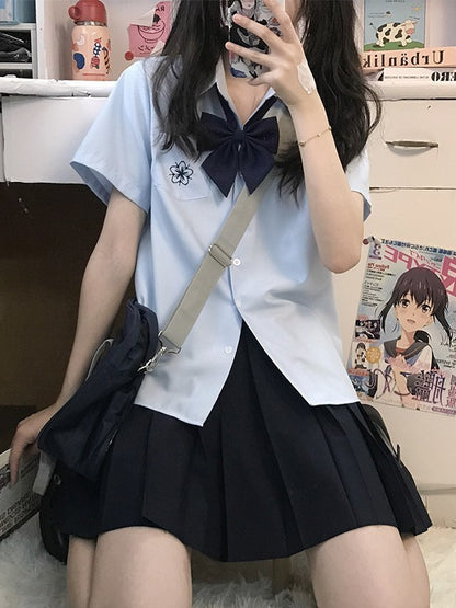 Preppy Sakura Shirt Embroidery Style White/Gray/Blue