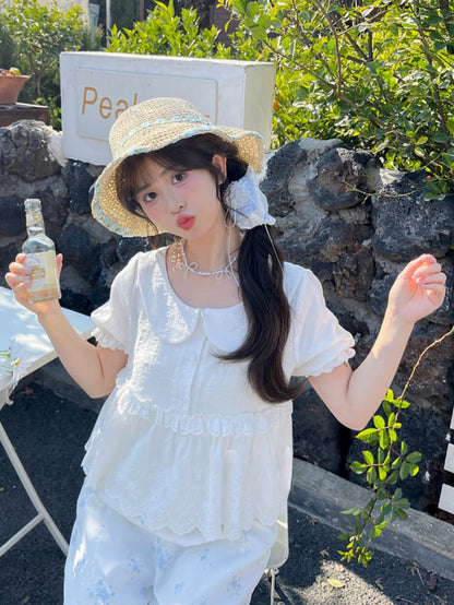 レーストリムブラウス ホワイト ピーターパンカラー パフスリーブ