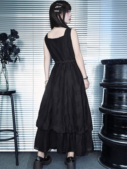 Black Square Neck Sleeveless Dress Sea Lily Embroidery