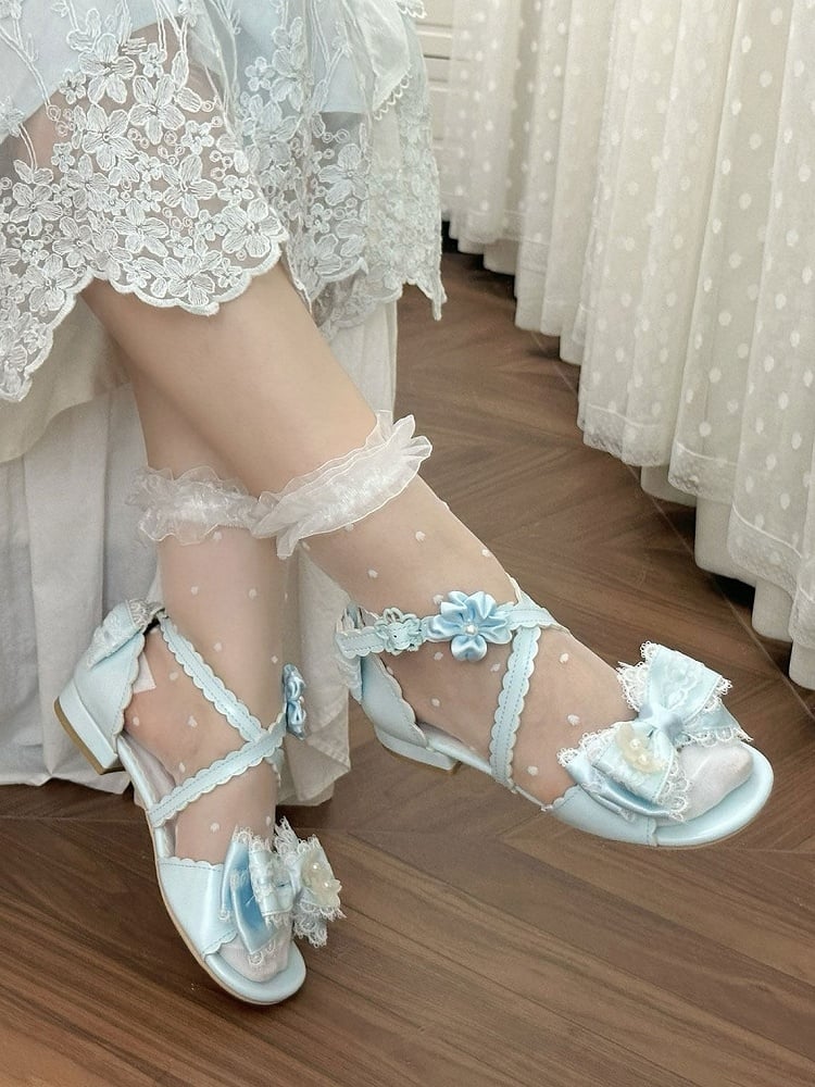 Kawaii Light Blue Buckle Sandals with Flower Lace Bow - Sheep Puff