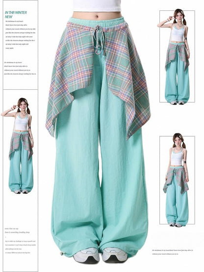 Cuffs and Blue/Coffee Hem Plaid Pants Drawstring with Straight-Leg in Skirt Detachable Handkerchief Mint