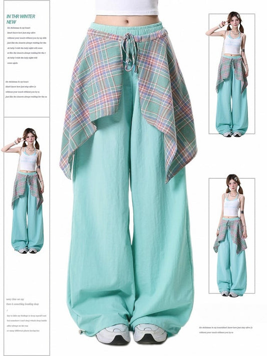 Cuffs and Blue/Coffee Hem Plaid Pants Drawstring with Straight-Leg in Skirt Detachable Handkerchief Mint