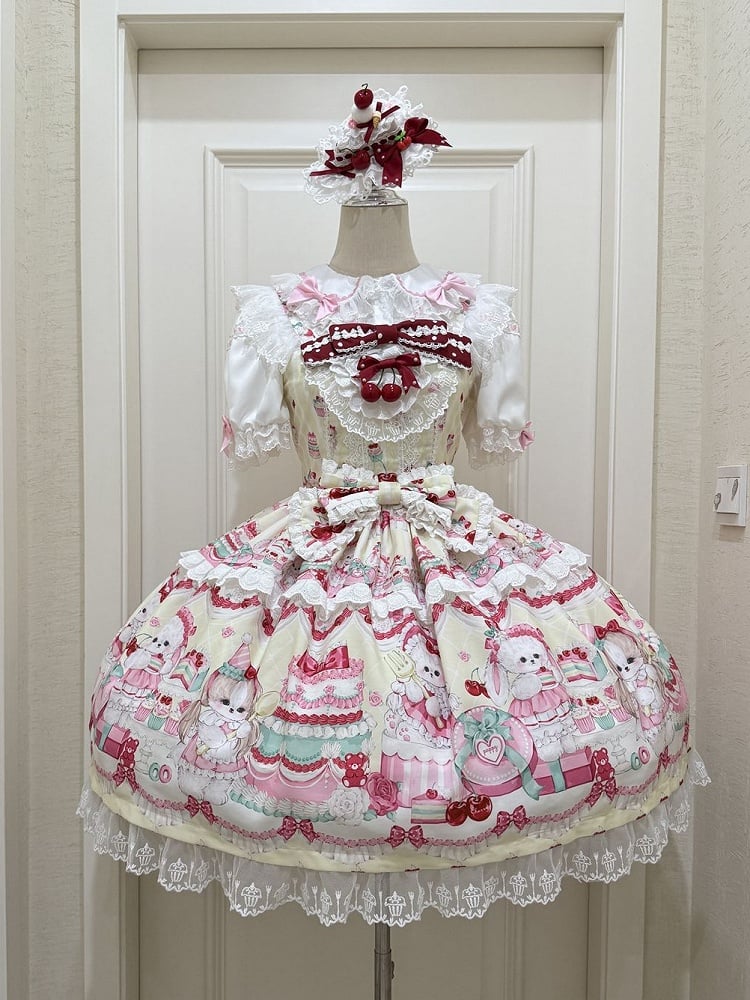 Süßes Kleid Cakes Bunny Gelber Print und Rock Lolita Pullover