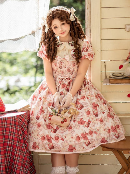 Sleeves Lolita Beige Collar Print Strawberry Pink Embroidered Sweet Dress with Puff