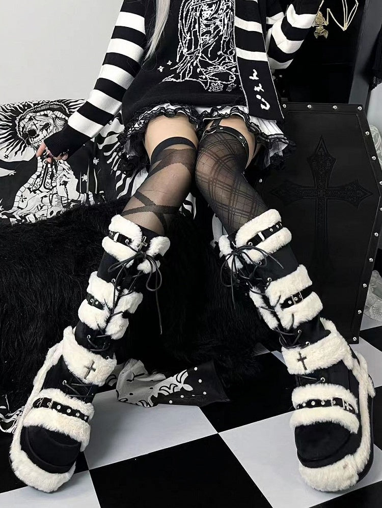 Y2K Details Dual Studded Cross Knee-High Platform Closure Accents Boots 9cm Black with -