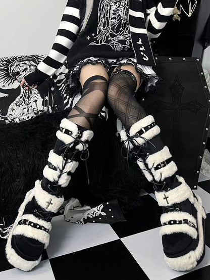 Y2K Details Dual Studded Cross Knee-High Platform Closure Accents Boots 9cm Black with -