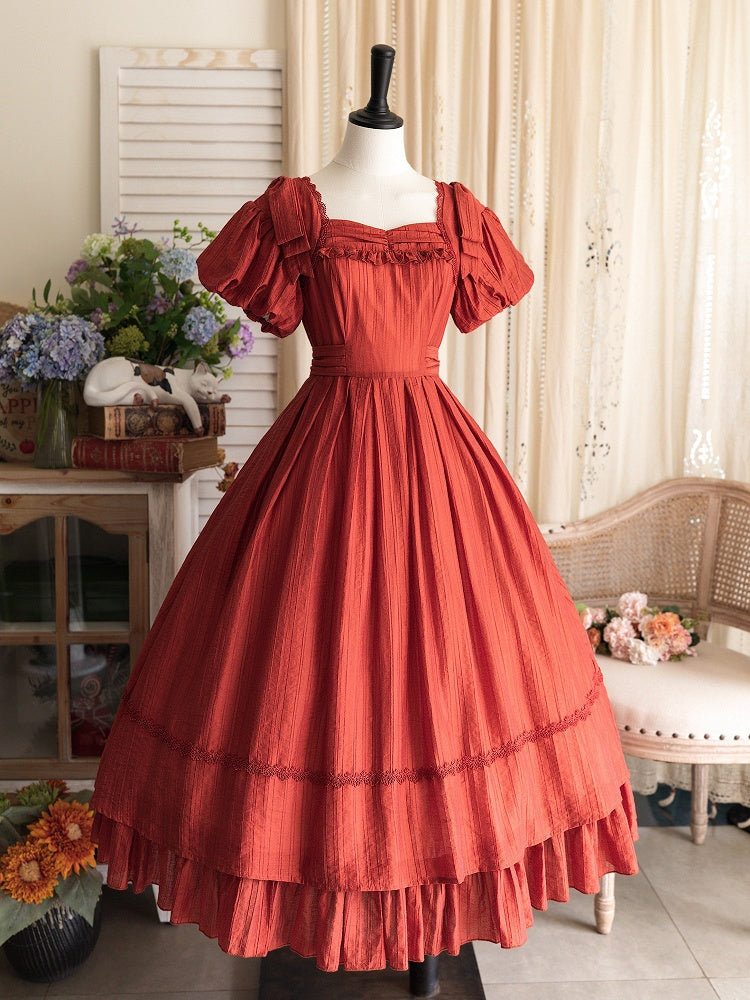 Red Puff Classic Dress Length Sleeves Tea Elegant Lolita