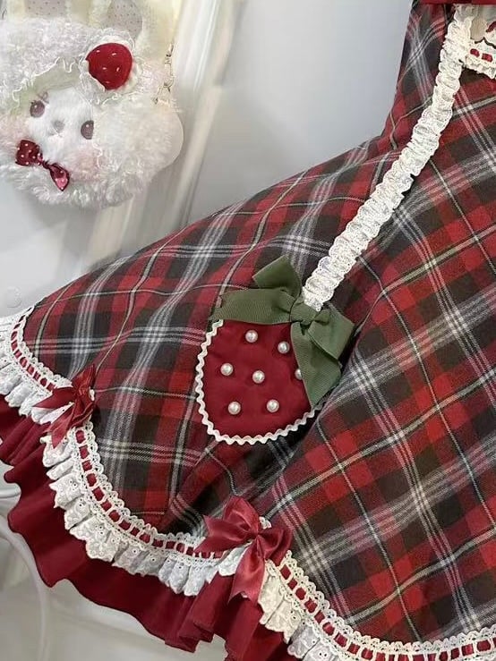Lolita Plaid Strawberry Sweet Red Hem Scalloped Trim with Tartan Themed Dress Edge