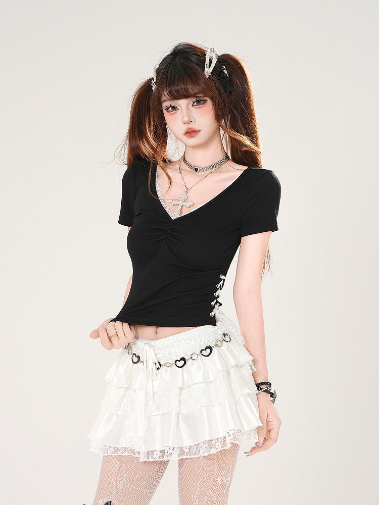 Slim-fitting V-neck Lace Trim Lace-up White/Black T-shirt Side