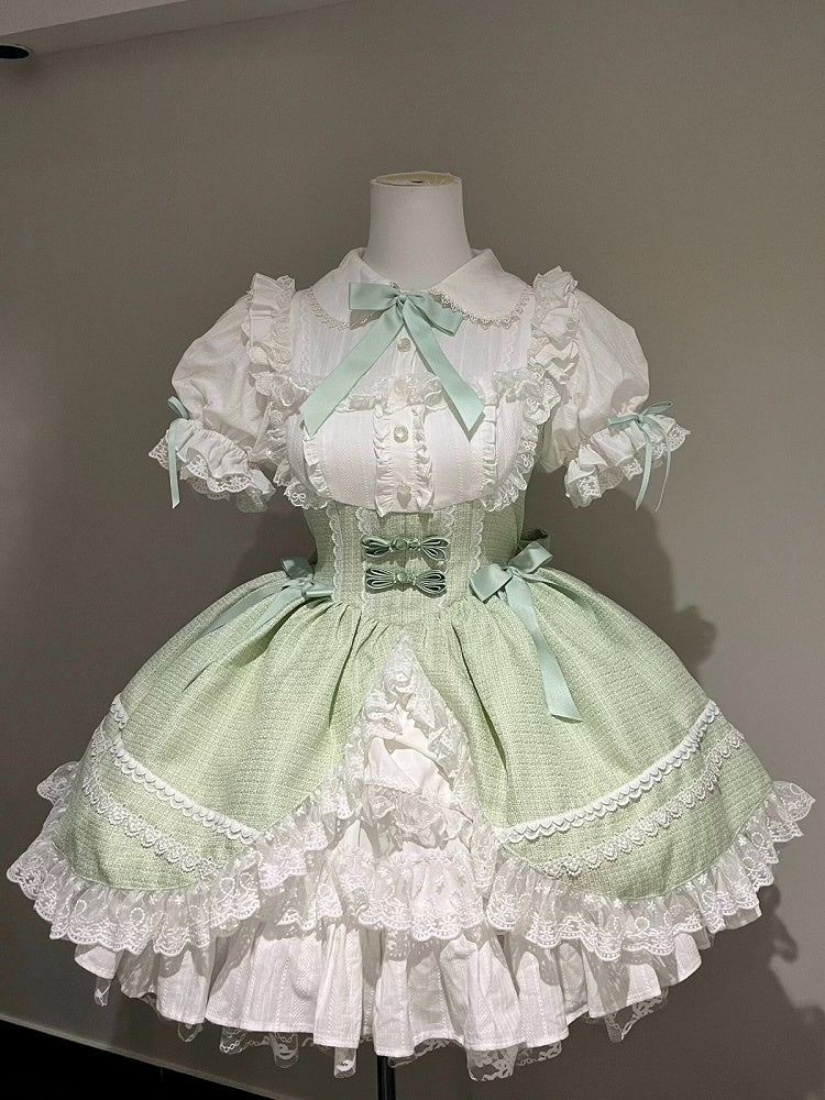 Green Peter Pan Collar Short Sleeve Lolita OP Dress with Bow Accents