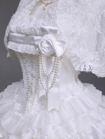 White Hime Lolita Elegant JSK Set with Cape and Overlay - Airfreeing