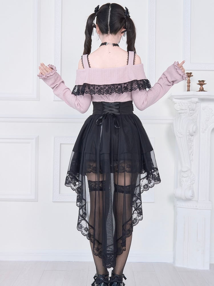 Kei Off-Shoulder Jirai Black High-Low Pink Dress: Skirt Two-Piece Faux Hem