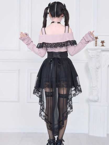 Kei Off-Shoulder Jirai Black High-Low Pink Dress: Skirt Two-Piece Faux Hem