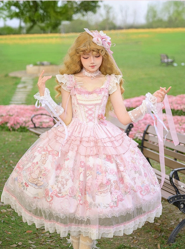 Pink Deer & Floral Print Flutter Sleeves Sweet Lolita JSK Dress with Overlay - Honey Machine
