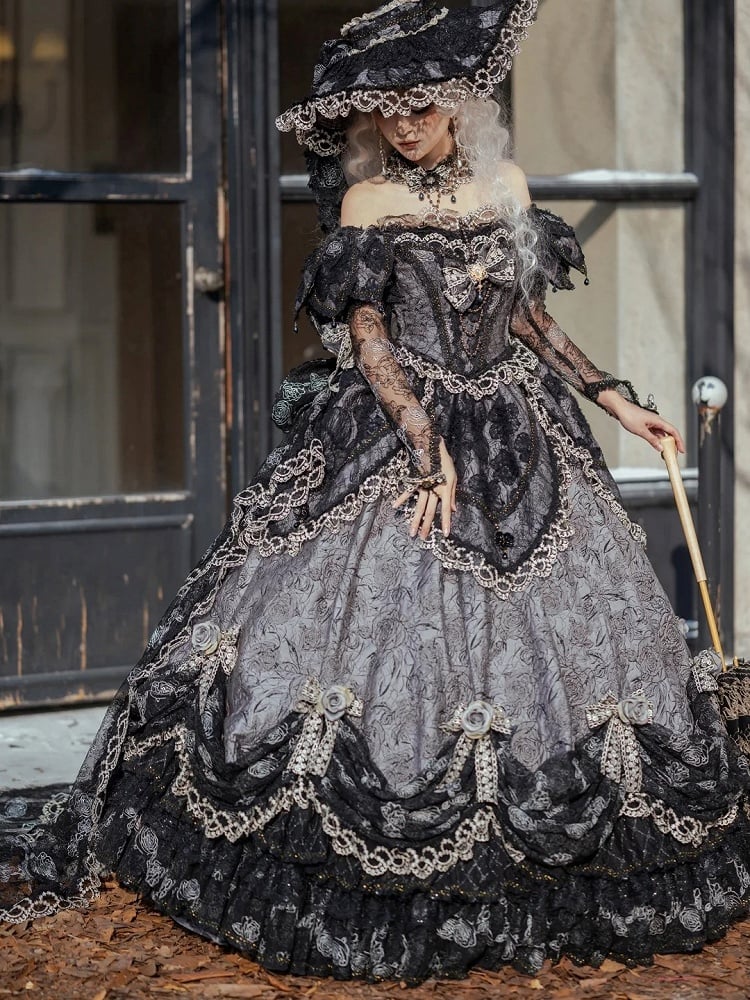 Lolita Gray Long Off-Shoulder Gown Lace Details with Ruffles Version Layered and Hime Hanayome Black Bow