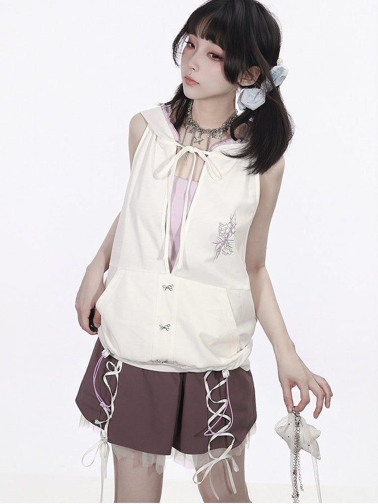 Chic White Sleeveless Hoodie with Purple Tube Top Set